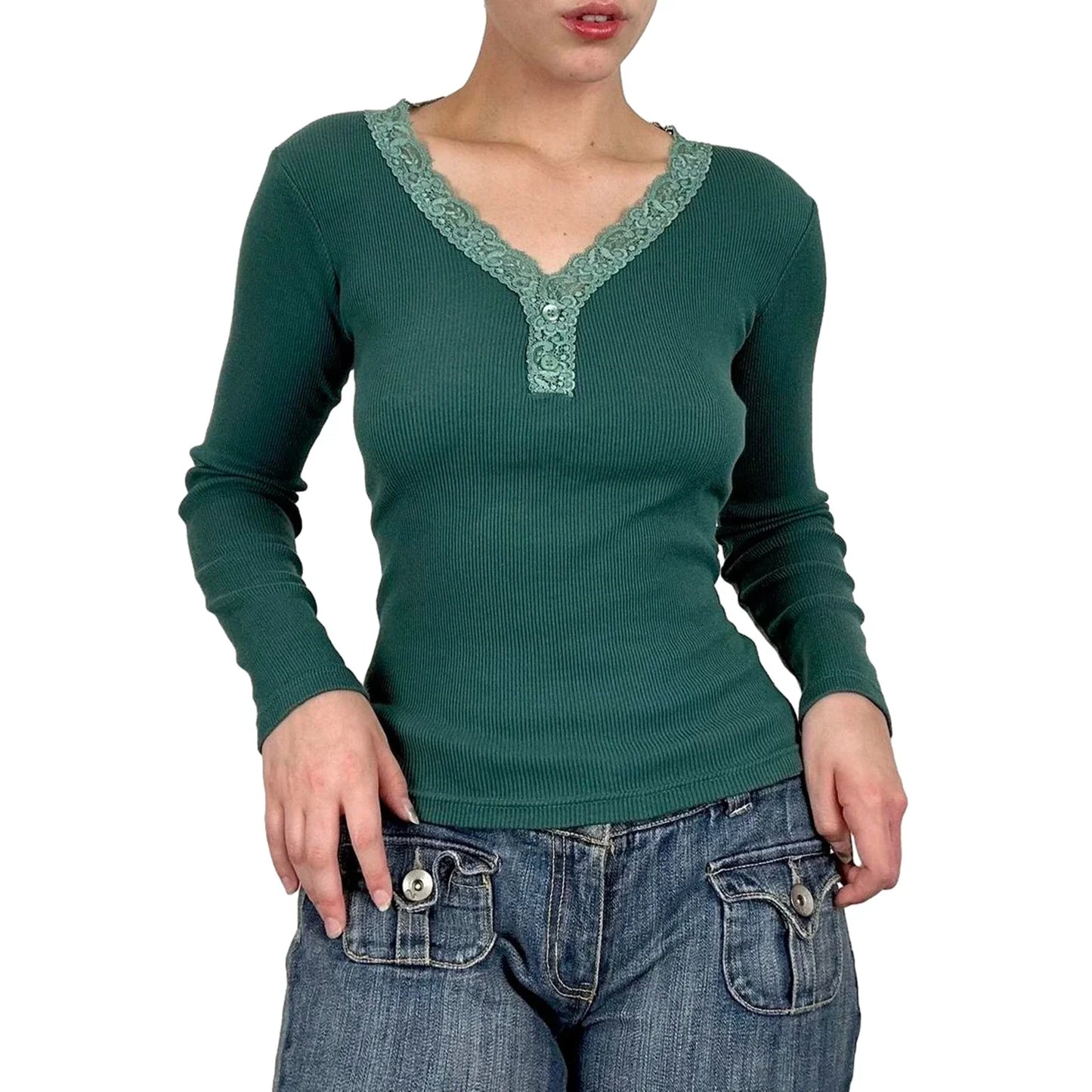 Ribbed Spring Fall Pullover Lace Patchwork V-Neck Long Sleeve Tight Basic Streetwear Slim T-shirt