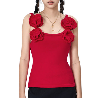 Women's Summer Chic Slim Fitted Tank Tops Red Sleeveless Flower Decor Tank Y2k Top