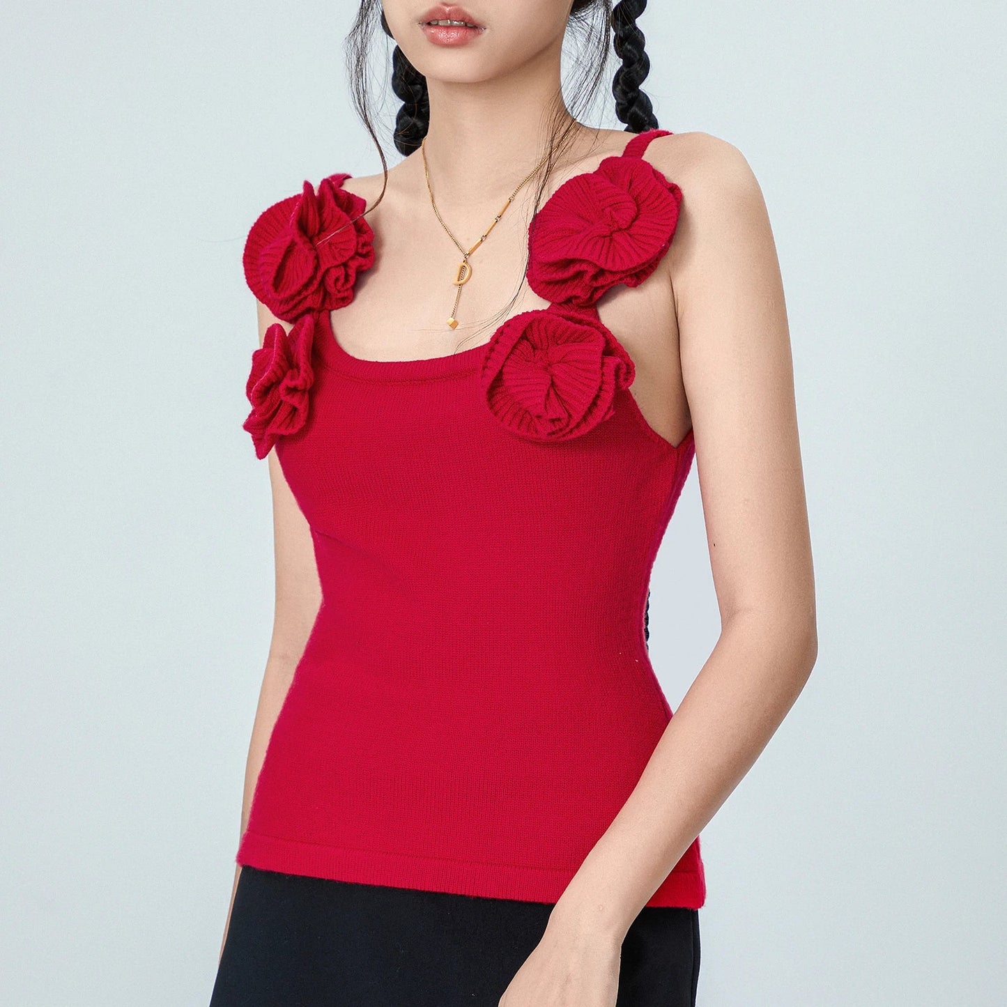 Women's Summer Chic Slim Fitted Tank Tops Red Sleeveless Flower Decor Tank Y2k Top