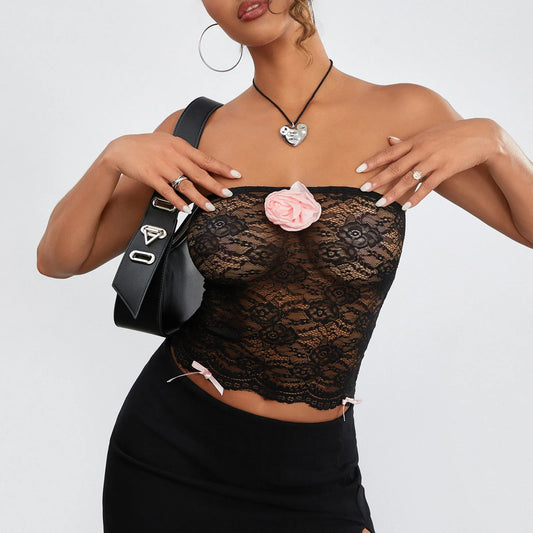 Women's Summer Fashion Tube Tops Black Off Shoulder Cropped Lace Floral Bandeau Tank Y2k Top