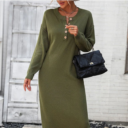 Casual Loose Knitted Sweater Button Solid Full Sleeve Midi Dress for Autumn/Winter