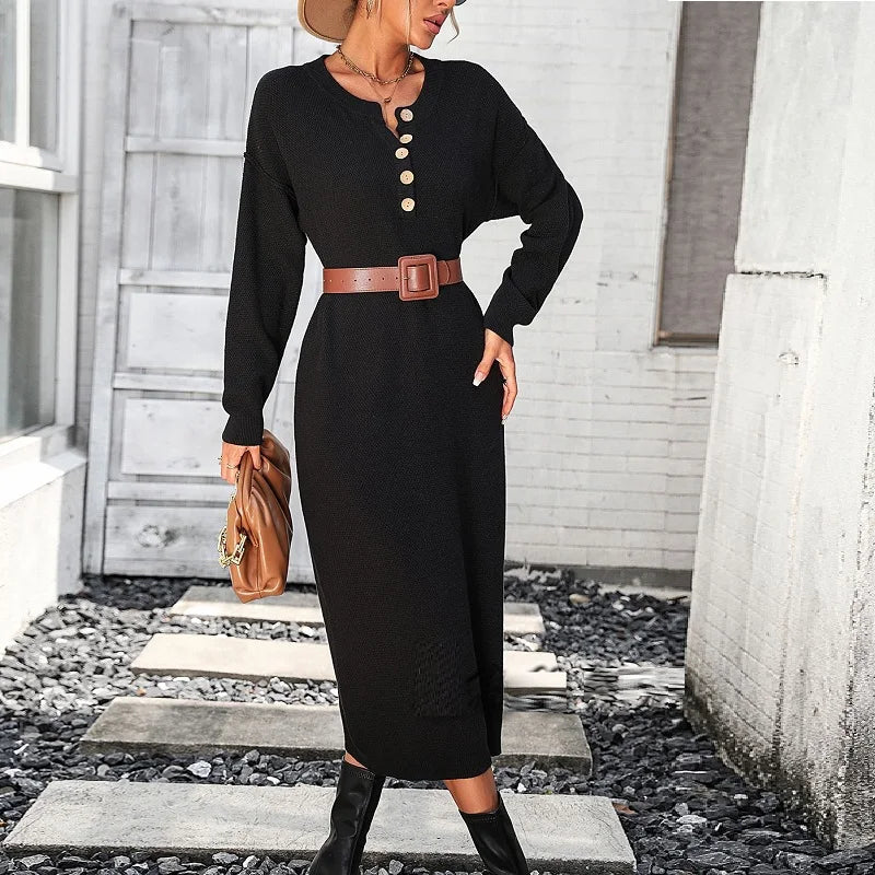 Casual Loose Knitted Sweater Button Solid Full Sleeve Midi Dress for Autumn/Winter