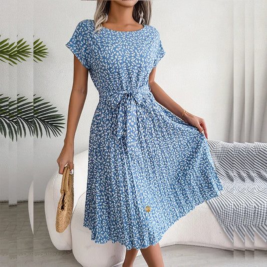 YEMOGGY Floral Print Pleated Summer Lace-up O-neck Short Sleeve Swing Midi Dress