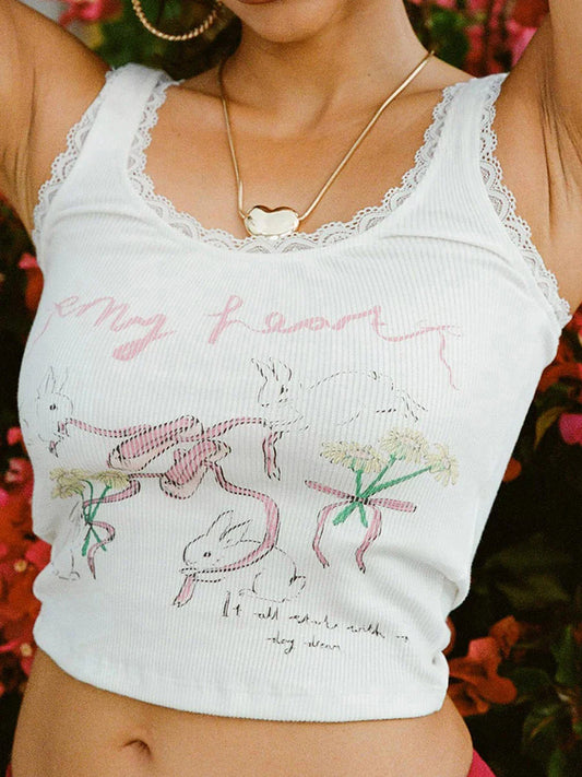 Cartoon Bunny Letter Print Lace Trim U-Neck Crop Vest Crop Cute Top