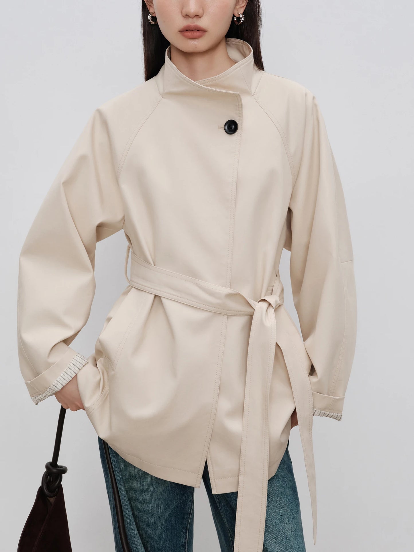 Stand Collar Khaki Mid-length Spring Autumn 2024 New Design All-match Female Stylish Coat