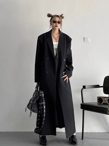 Spring Autumn Long Grey Black Double Breasted Loose Casual Korean Fashion 2024 Stylish Coat