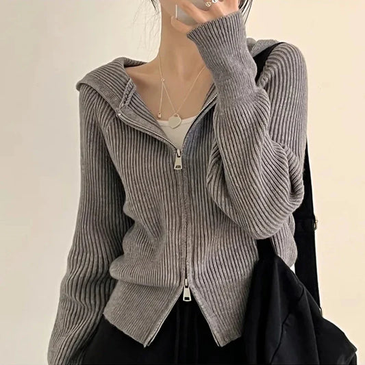 Autumn Winter Long Sleeve Short Loose Solid Hooded Knitted Zipper Cardigan