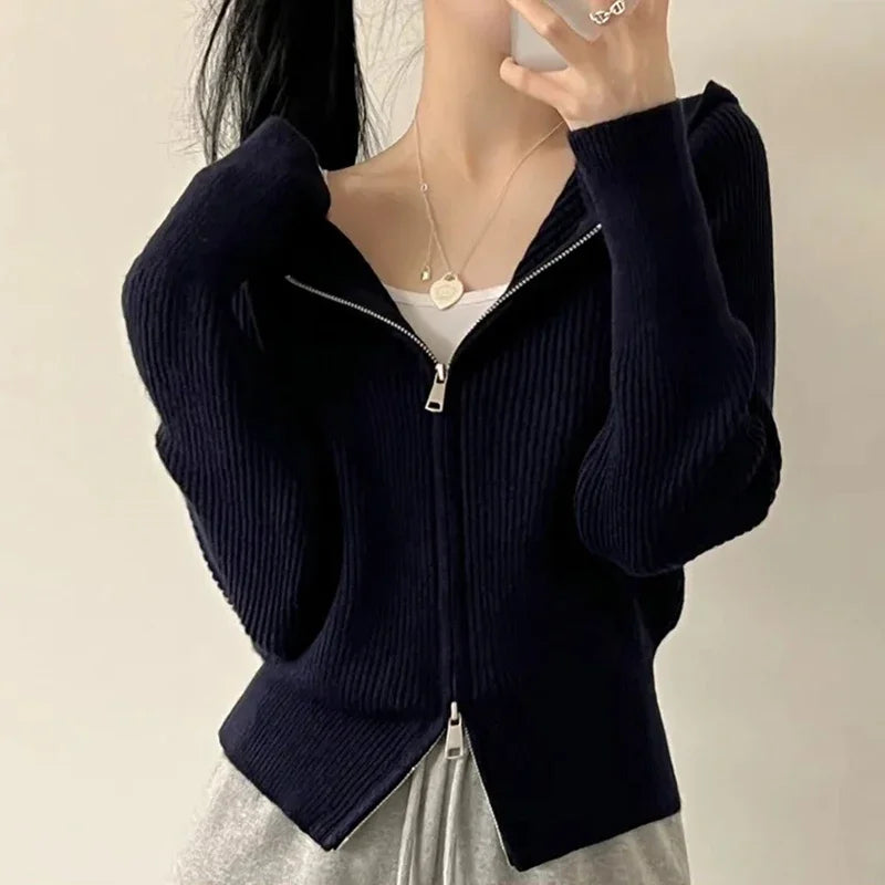 Autumn Winter Long Sleeve Short Loose Solid Hooded Knitted Zipper Cardigan