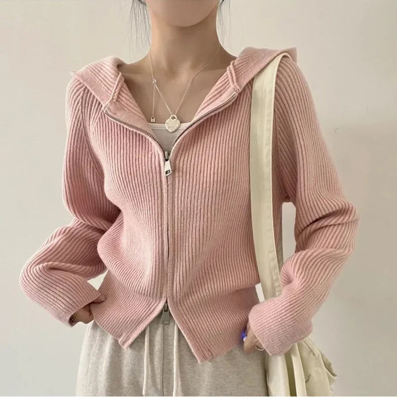 Autumn Winter Long Sleeve Short Loose Solid Hooded Knitted Zipper Cardigan