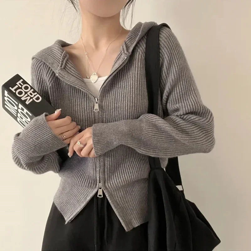 Autumn Winter Long Sleeve Short Loose Solid Hooded Knitted Zipper Cardigan