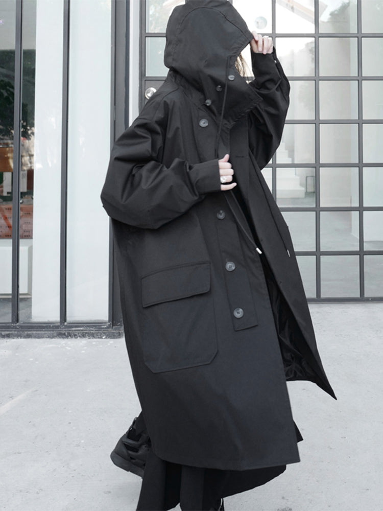 Spring Autumn Long Oversized Black Hood Dark Academia Aesthetic Luxury Designer 2024 Stylish Coat