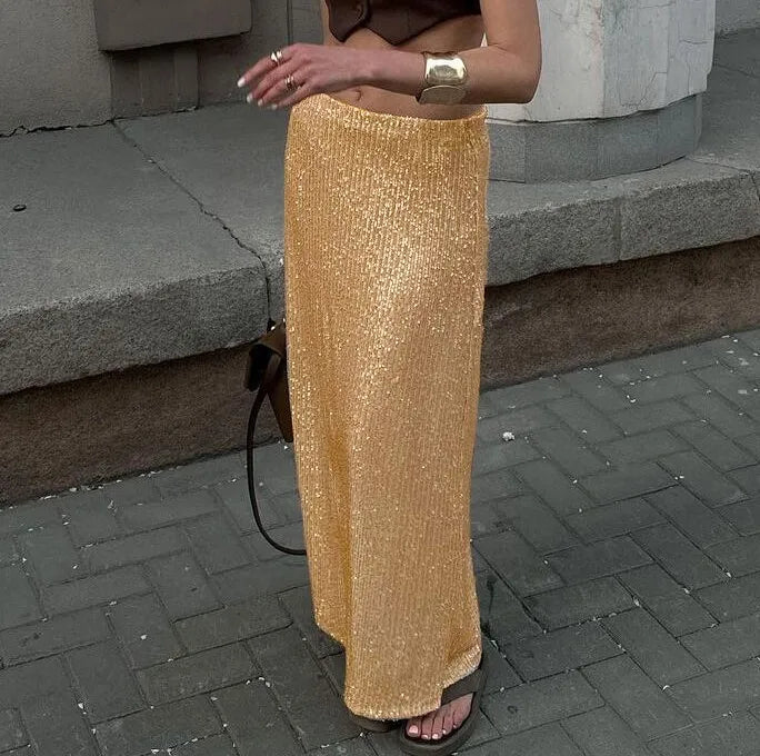 Khaki Sequins High Waist Slit Skirt