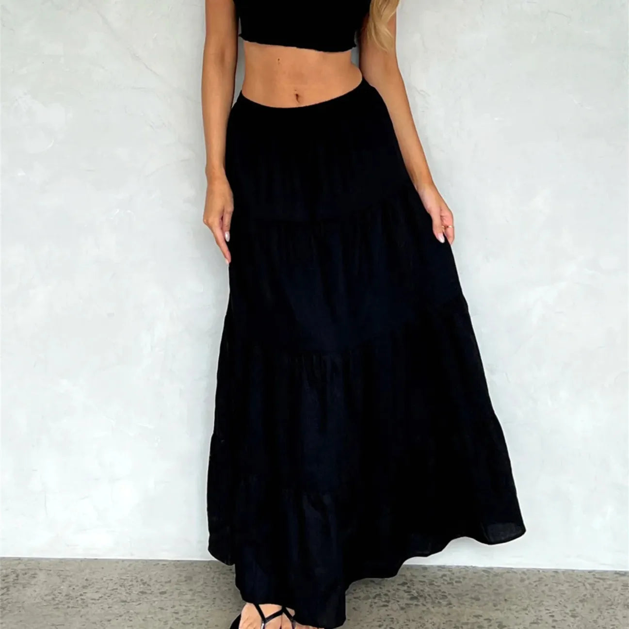 Boho Ruffle Elastic High Waist Maxi Tiered Prairie Skirt