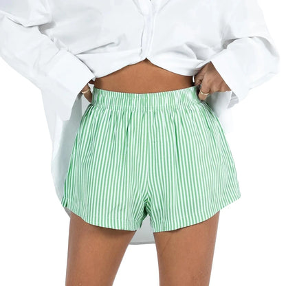 Y2K Gingham Boxer Striped Elastic High Waist Pajama Plaid Printed Button Lounge Short for Women