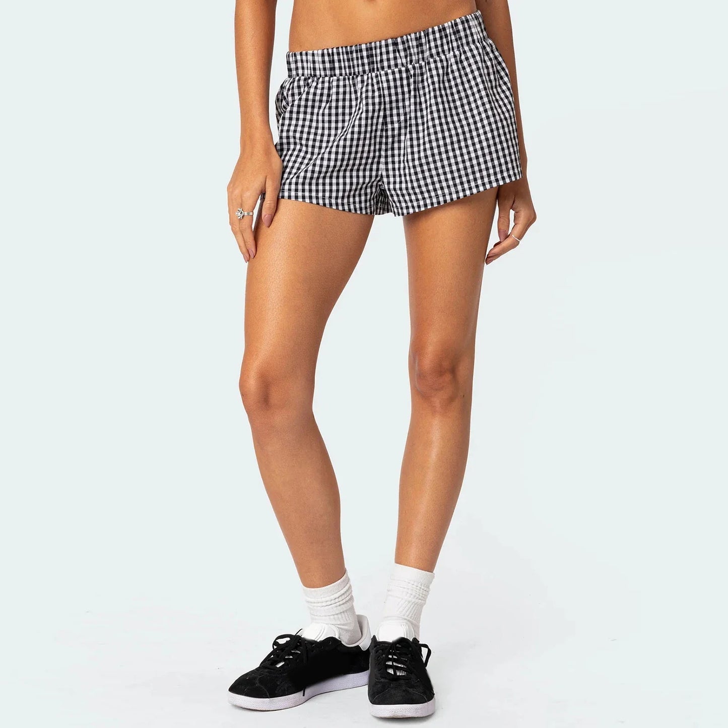 Y2K Lounge Soft Elastic Low Waist Plaid Print Button Front Pajama Shorts