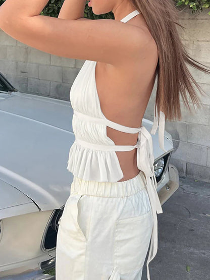 Solid Color Backless Ruched Halter Streetwear Crop White Top