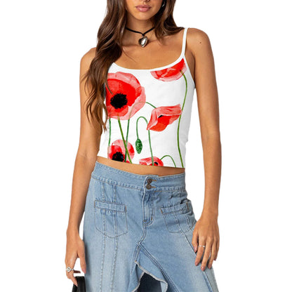 Women Crop Camisoles Floral Print Spaghetti Strap Backless Summer Vests Streetwear Tank Y2k Top