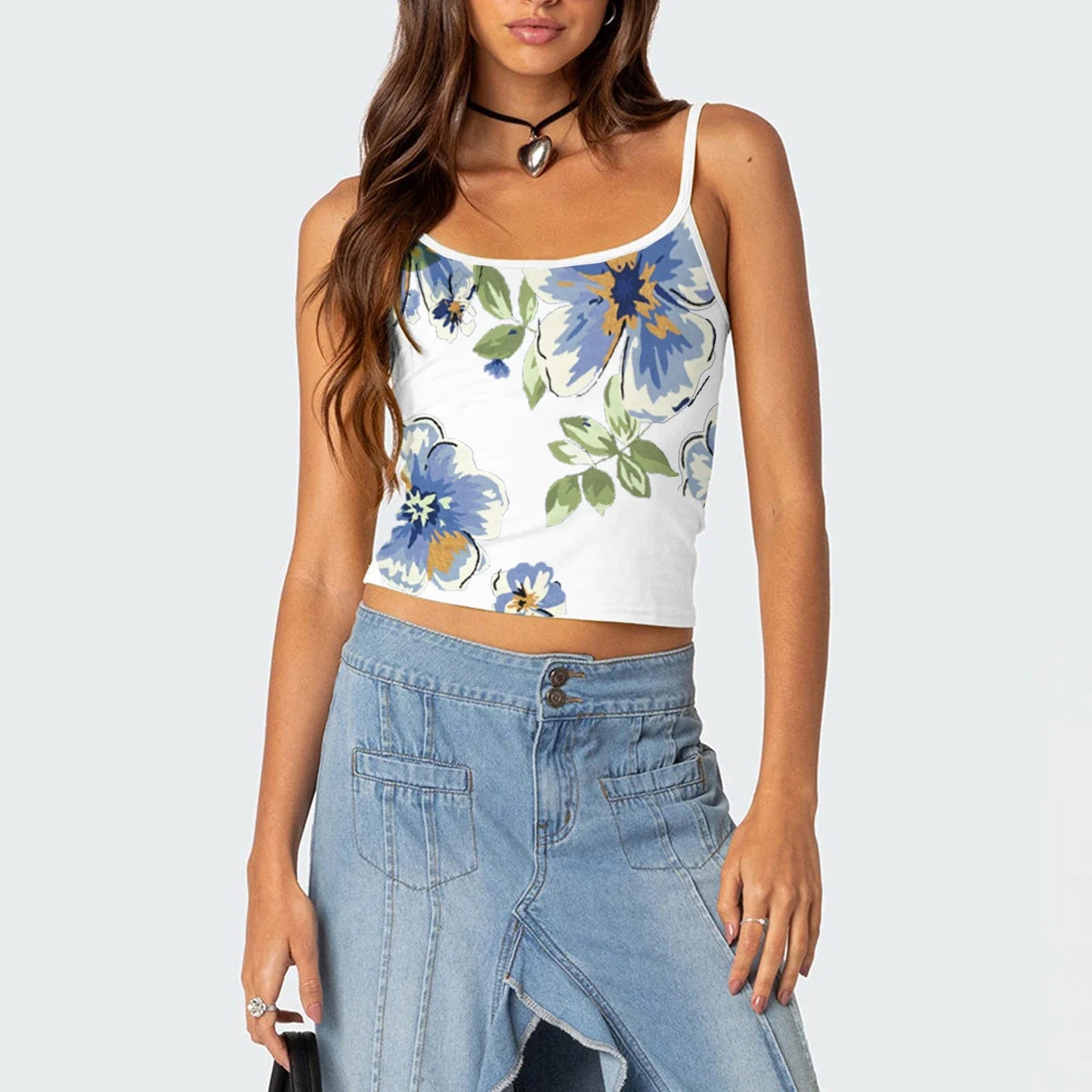 Women Crop Camisoles Floral Print Spaghetti Strap Backless Summer Vests Streetwear Tank Y2k Top