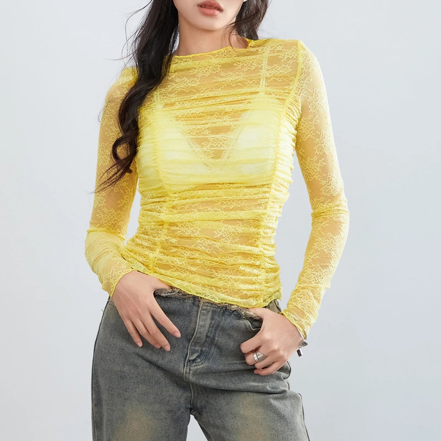 Women Long Sleeve Sheer Floral Lace Ruched Basic Casual Club Streetwear Aesthetic Clothes Y2k T-shirt