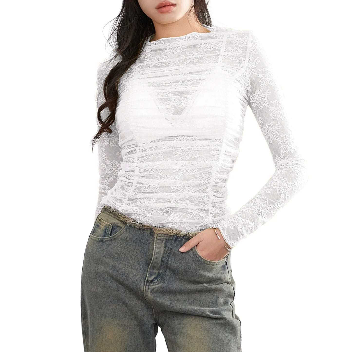 Women Long Sleeve Sheer Floral Lace Ruched Basic Casual Club Streetwear Aesthetic Clothes Y2k T-shirt