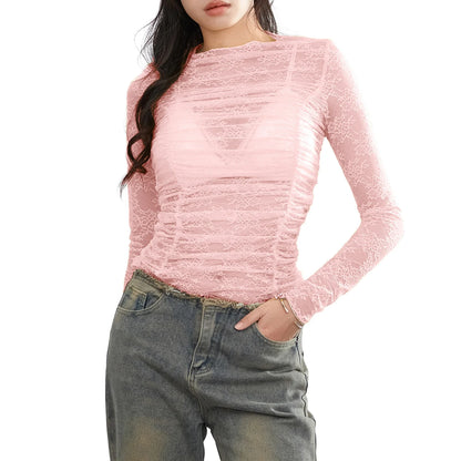 Women Long Sleeve Sheer Floral Lace Ruched Basic Casual Club Streetwear Aesthetic Clothes Y2k T-shirt