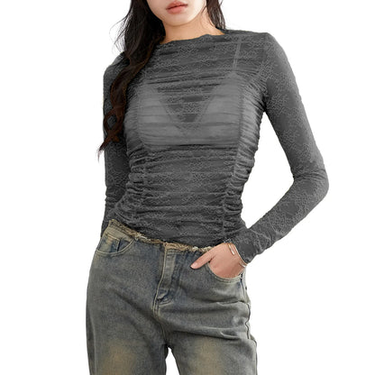 Women Long Sleeve Sheer Floral Lace Ruched Basic Casual Club Streetwear Aesthetic Clothes Y2k T-shirt