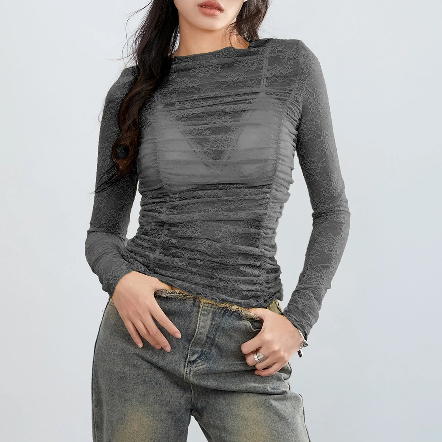 Women Long Sleeve Sheer Floral Lace Ruched Basic Casual Club Streetwear Aesthetic Clothes Y2k T-shirt