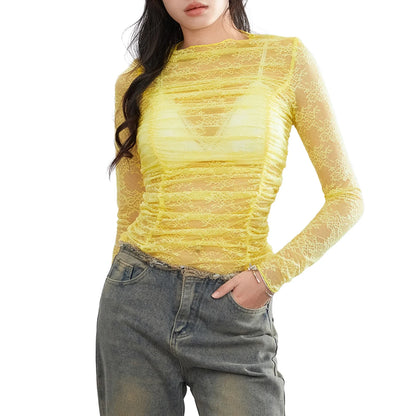 Women Long Sleeve Sheer Floral Lace Ruched Basic Casual Club Streetwear Aesthetic Clothes Y2k T-shirt