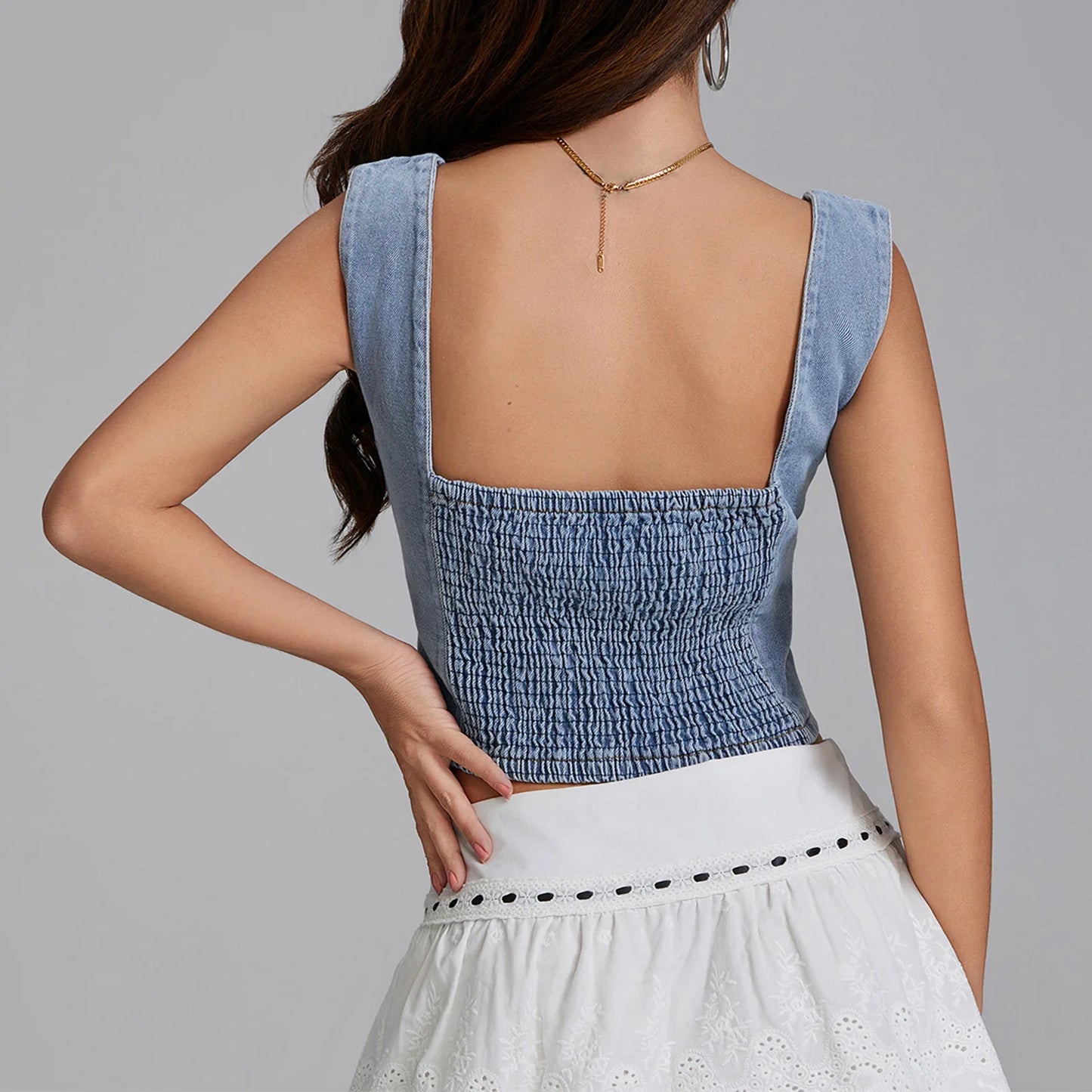 Women's Denim Tank Tops Slim Fit Square Neck Backless Back Shirred Button Down Tank Y2k Top