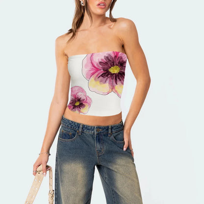 Women's Lily Print Slim Tube Flower Pattern Bandeau Show Navel Ladies Summer Tank Y2k Top