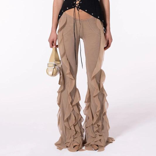 Ruffled Flare Long Solid Low Rise Stretch Bell-Bottom Fashion Streetwear Y2K Pants